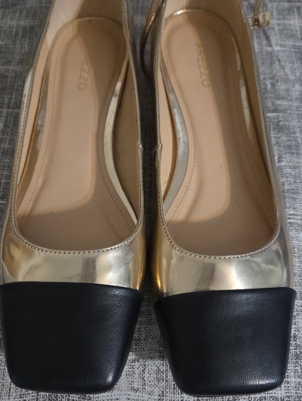 Metallic Gold and Black Square-Toe Flats with Ankle Strap